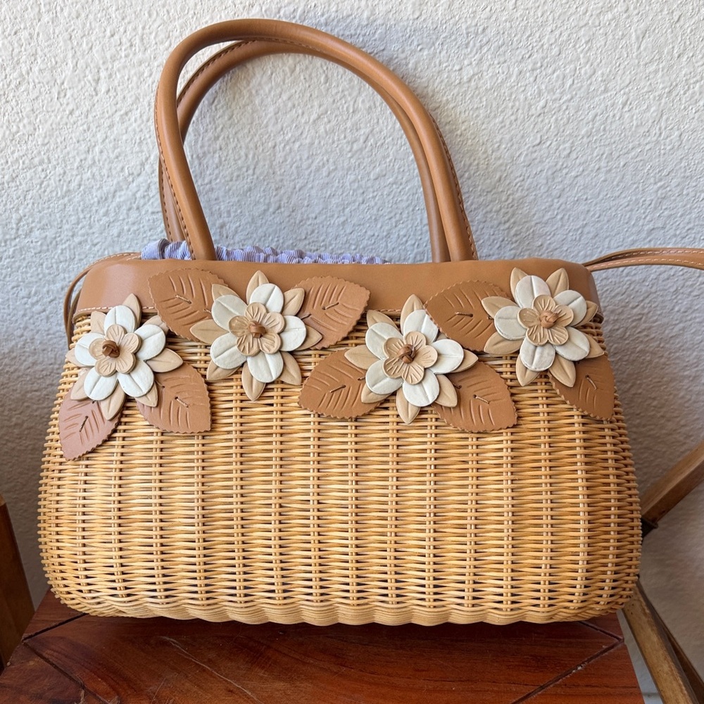 Liz Claiborne Tan Woven Wicker Flower Satchel with Cream Floral Appliqués